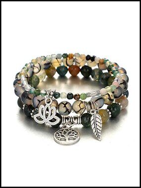 Tree of Life Healing Stone Bracelet Set, Natural Turquoise Jasper & Tibetan